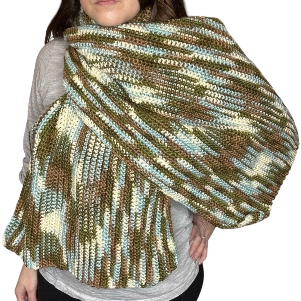 Handcrafted Crochet Wide Scarf Wrap White Green Brown Cold Weather Knit Handmade